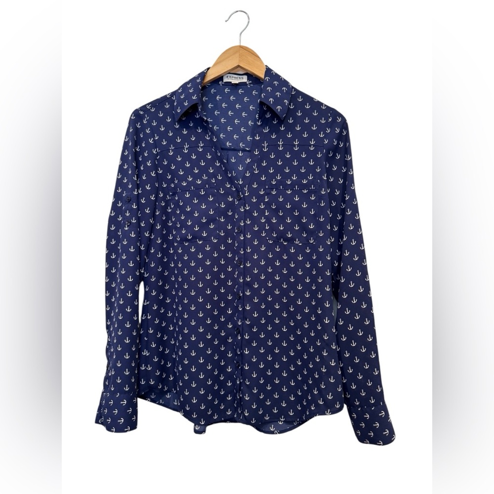 Express Navy Anchor Print Button Down Shirt